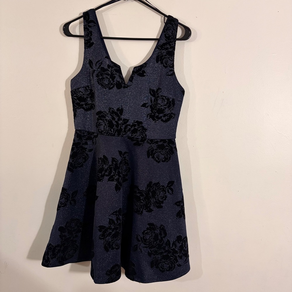 Mi Ami Fit Flare Dress Womens Medium Blue Black Velvet Floral Metallic Cocktail
